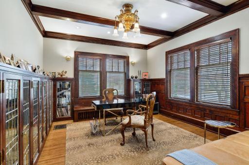 Front Office with Original Built-in Cabinetry and Wood Paneling