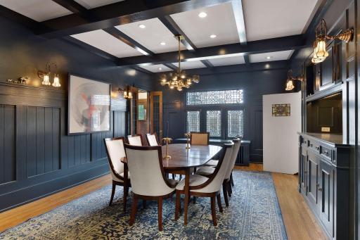 Stunning Leaded Glass Windows Face the Backyard. Built-in Sideboard and Leaded Glass Cabinetry. Box Beam Ceilings and Wainscoting with Plate Rail Moulding.