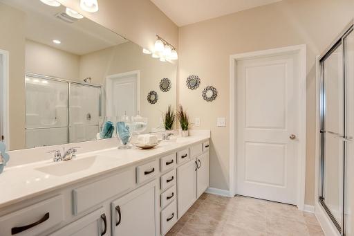 Large primary en suite with double vanity, quartz countertops, linen closet and private water closet.