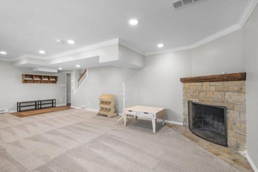 This lower level walk-out room can be used for multiple purposes. It has a fireplace and opens to the front yard.