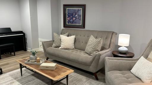 Lower-level family room is the perfect place to watch a movie, the big game or put on a music performance.