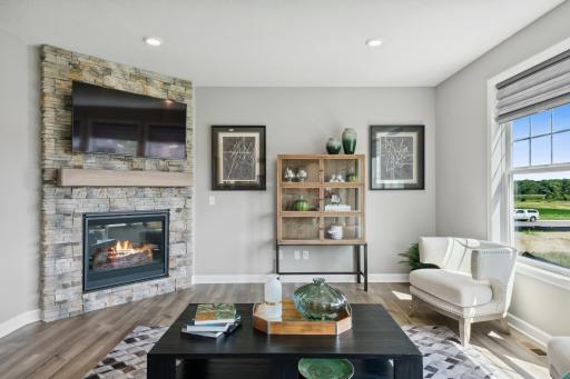 (Photos of model home, finishes will vary) A gas fireplace in great room with stunning, private nature views out the back windows!