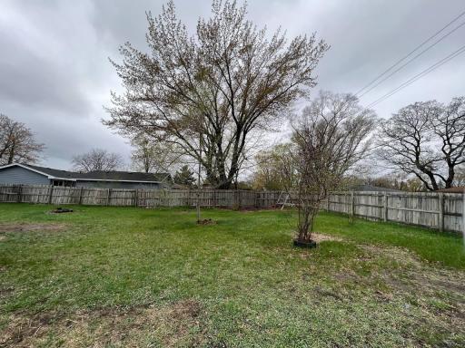 Large yard with privacy fencing and 2 sheds