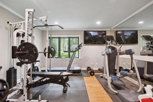 At this end of the lower level you will find the home gym.