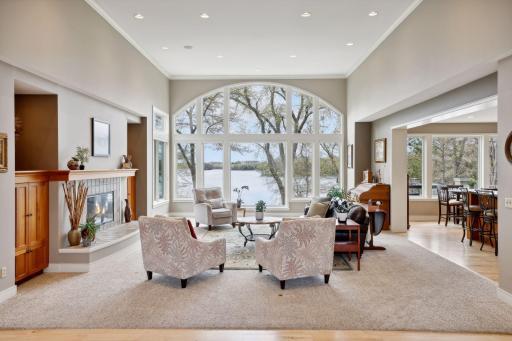 Great Room with 14-ft. ceilings and magnificent views of Red Rock Lake