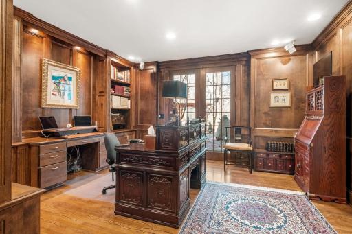 Richly designed office lower level also has access to walk out to the back patio.