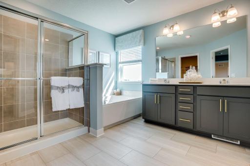 The primary bathroom has tons of space, counter space and storage.