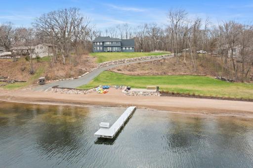 Aerial view of dock, beach and private driveway