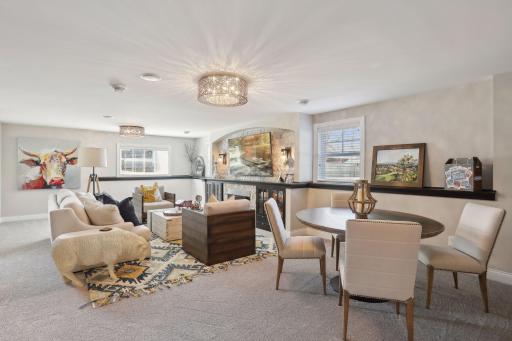 Lower level entertainment center with fireplace