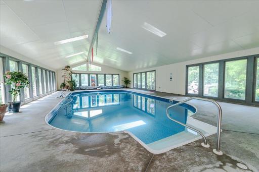 The indoor chlorine pool stays warm just from the sun entering the room.