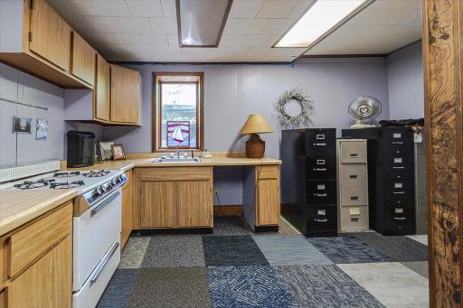The lower level has an office large enough to run a business, with a handy kitchenette.