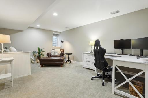 Large guest bedroom in the lower level adjacent to bathroom.