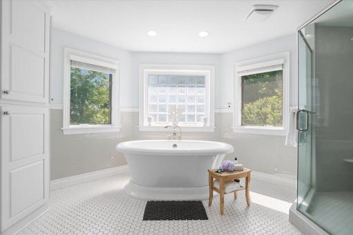 Beautiful free-standing tub with large walk-in shower.