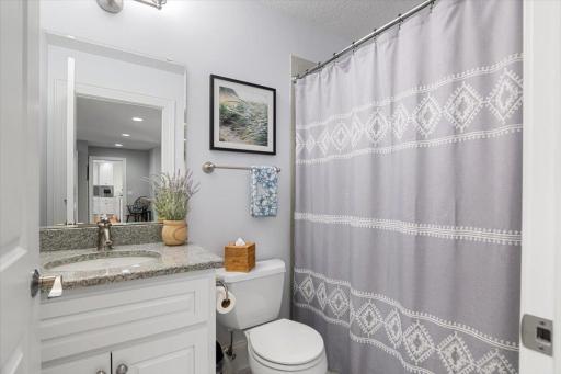 Full guest bathroom. In-floor heating and granite countertops. A very comfortable bathroom for the guests that visit this home.