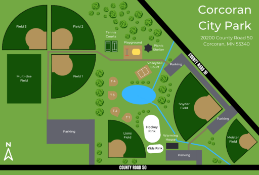 Corcoran City Park Map- right across the street from our community and a place everyone loves!!!