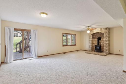 Walk out lower level family room with wood burning fireplace.