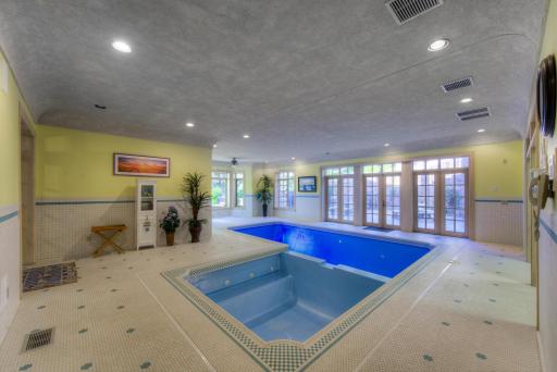 Walk-out lower level featuring indoor pool with custom tile and 12-person spa.