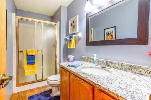 Main-floor 3/4 bathroom with granite countertops and a walk-in shower.