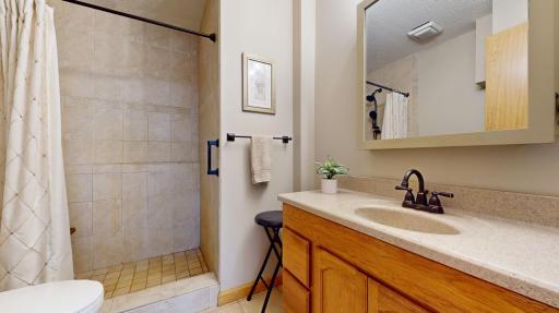 Lower level 3/4 Bathroom w/full tile shower , tile floor, updated vanity, updated lighting/fixture and open linen closet