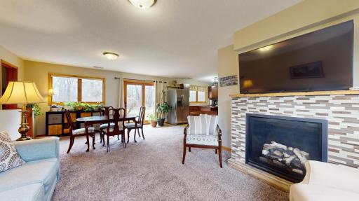 Lower Level Walkout Family Room w/cozy gas fireplace, updated carpet and lots of windows