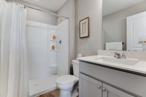 Attached primary bathroom with walk in shower. Model home, details will vary.