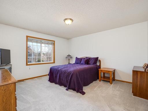 The master bedroom suite has more of the sunny S.E. exposure. This room is large enough to accommodate a variety of bedroom furniture and has a walk in closet and a large master bath with a jacuzzi tub. There are partial pond views to the right.