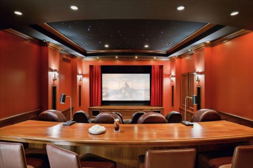 Your media room has ample lounge seating as well as a full island bar.