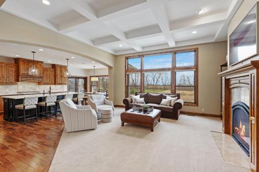 Main level family room with coffered ceilings