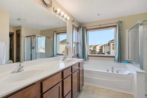 Owner's suite bath with free standing shower, double vanity and Jacuzzi tub.