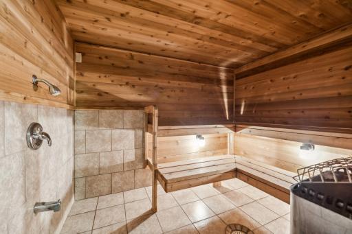 Interior of the sauna includes ceramic floor, under seat lighting, and water source/shower head.