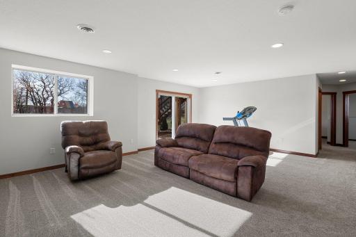Spacious lower level family room with a patio door accessing the backyard patio.