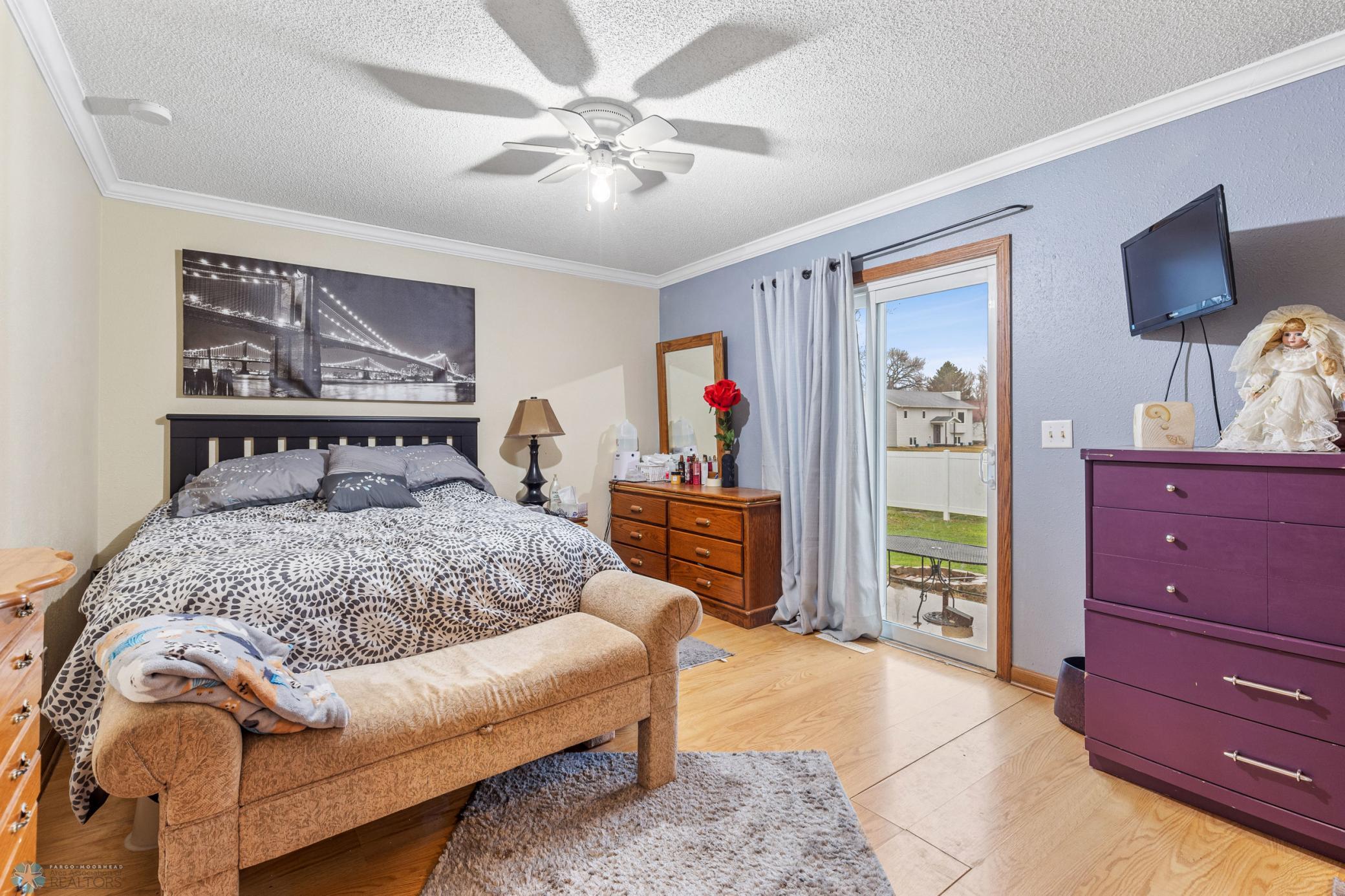 Main Floor Primary Bedroom; walk-in closet and patio door to back yard
