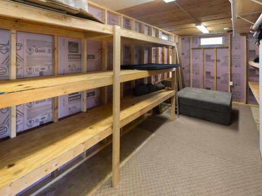 Spacious storage room is complete with numerous shelves for organizing.