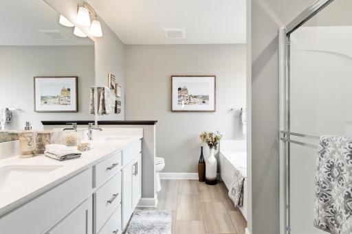 (Photo is of a model, homes finishes vary) An extension of the primary bedroom, this spacious bath includes a double-vanity, a soaking tub and a separate shower.