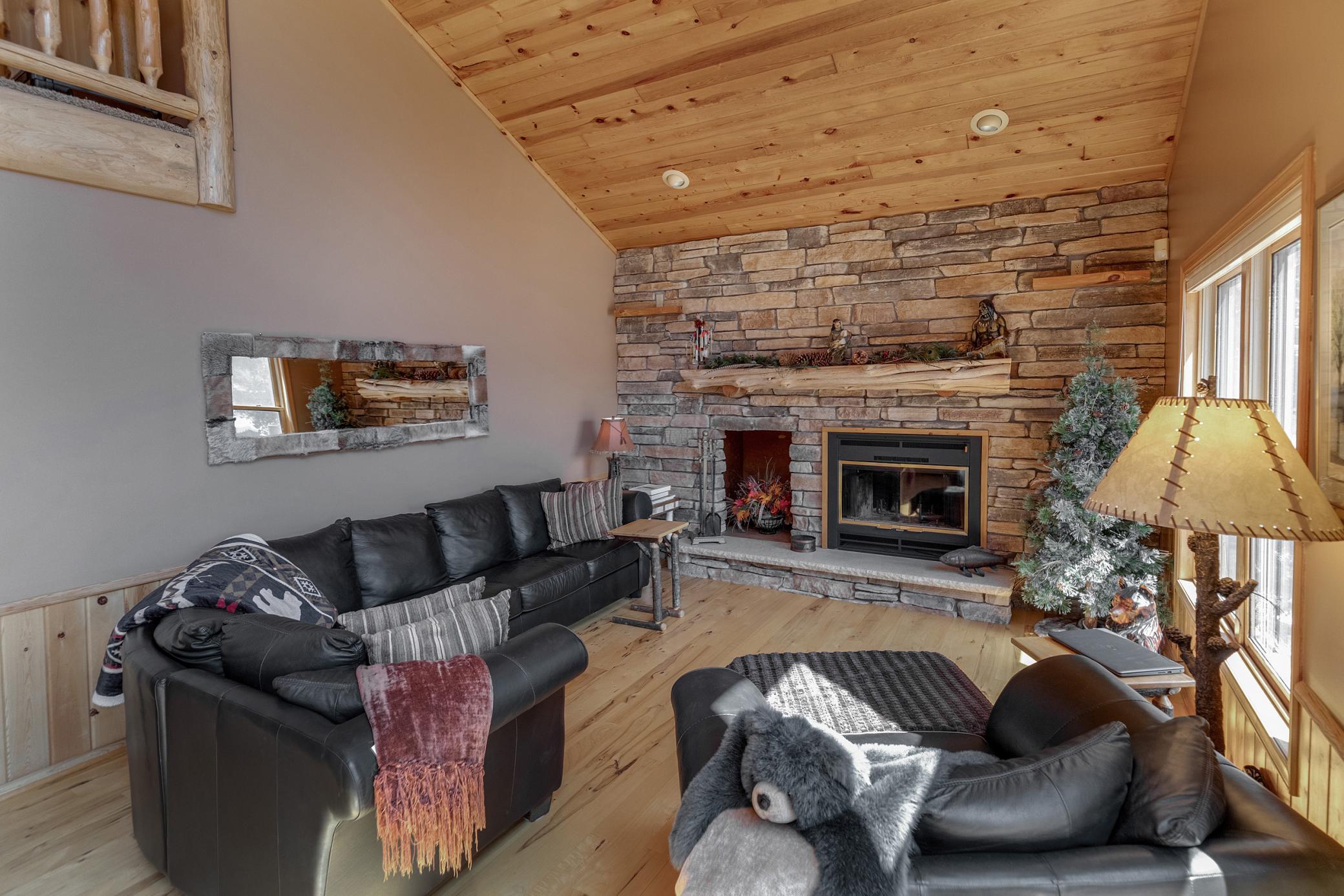 Wood burning stone fireplace