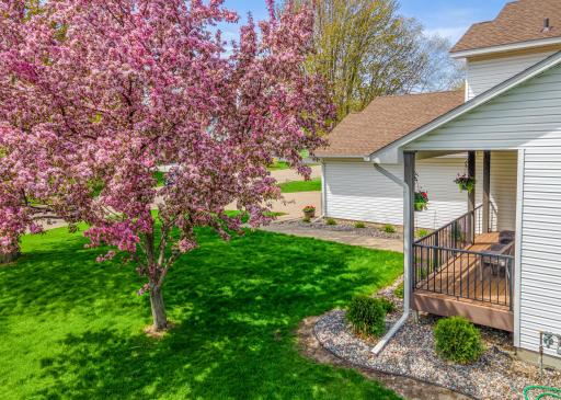 This vibrant front yard, adorned with a blossoming crabapple tree, sets a picturesque scene right at your doorstep. The meticulous landscaping enhances the home’s curb appeal and invites you to experience the tranquility of suburban living.