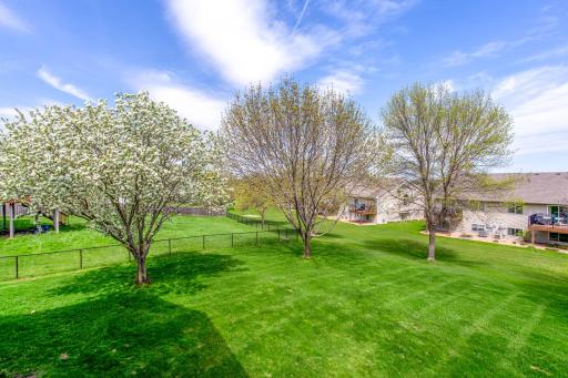 This wide-angle shot captures the lush backyard adorned with blossoming trees, offering ample space for children’s play and family gatherings in a secure and picturesque setting.