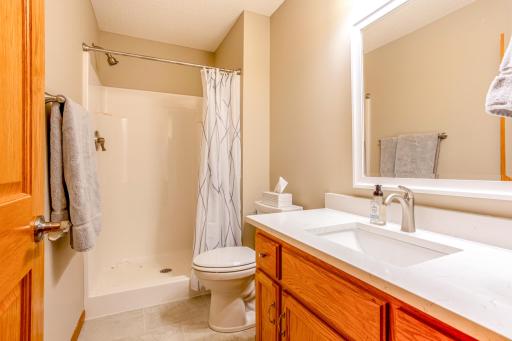 Refresh and rejuvenate in this well-appointed main-floor bathroom featuring modern fixtures, a broad vanity with ample storage, and a large mirror.