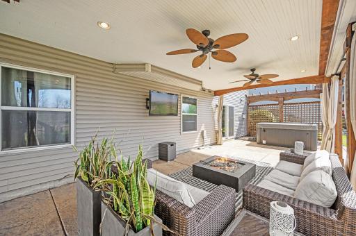 Outdoor Patio with TV, Stamped Concrete Patio & Hot Tub