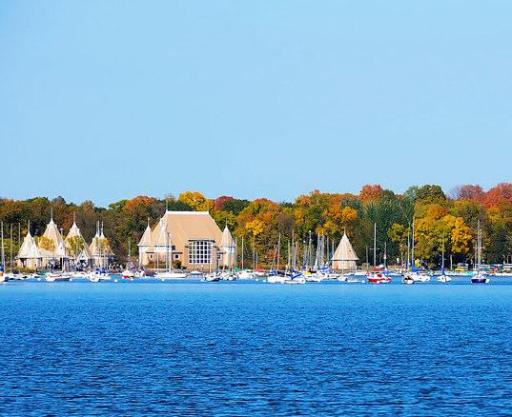 Scenic setting providing biking and walking trails, water activities and a castle-inspired band shell.