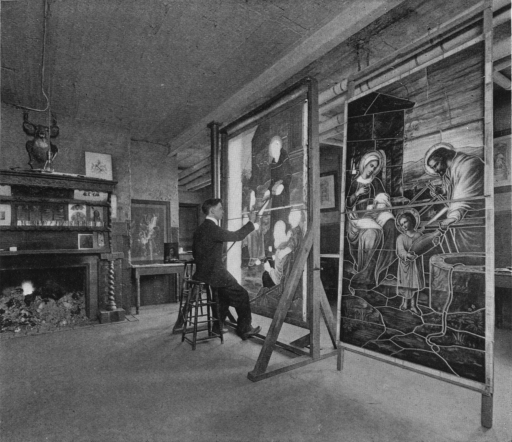 Photo of original owner, Robert Giles. Shown working on one of his stained glass windows in the basement studio of the home. Times may have changed but love for this beautiful home has lasted for over 100 years.