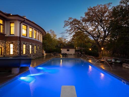 LED Laminar pool fountain jets, app controlled for height, distance and light color. Volleyball net post mounts (not photographed), built in for lots of fun and easy set-up.