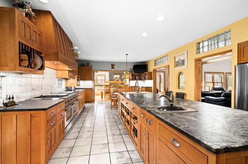 Porcelain tile flooring keeps this kitchen easy to clean.