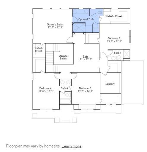 Washburn upper level floorplan with loft, laundry room and serenity bathroom with huge walk-in shower!