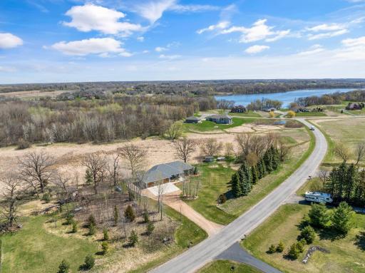 Aerial view of the homesite shows its close vicinity to Rice Lake just down the street.
