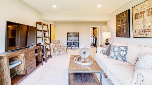 View of the lower level family room...Just a tremendous use of space!! Photo is of model home. Colors and options may vary. Ask Sales Agent for details.