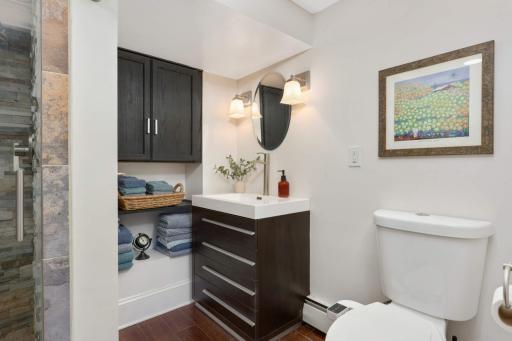 The downstairs bathroom has a lovely vanity, built-in cabinetry, shelving and natural stonework in an equisite glass walk-in shower.