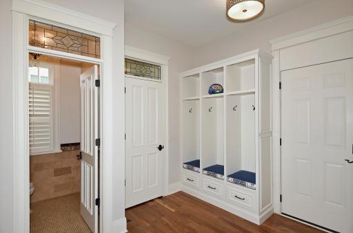 Mud Room and Pantry with Leaded Transom Windows, and Walnut Floors