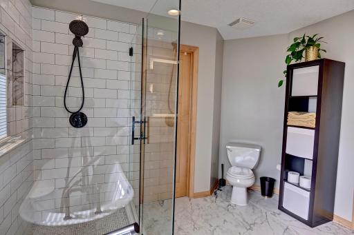 Large walk in closet behind the shower glass in the image.