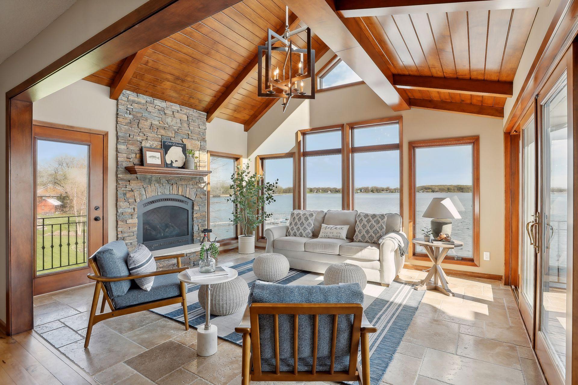 Vaulted cherry wood paneled ceilings offers a stunning design element.